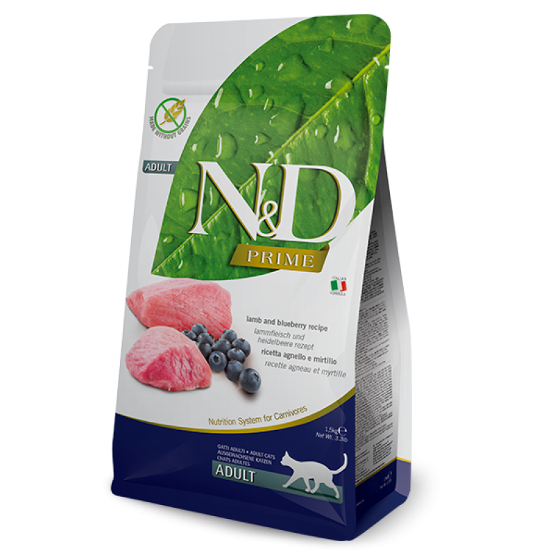 N&D Prime Lamb & Blueberry Adult Kedi Kuru Mama ambalajı